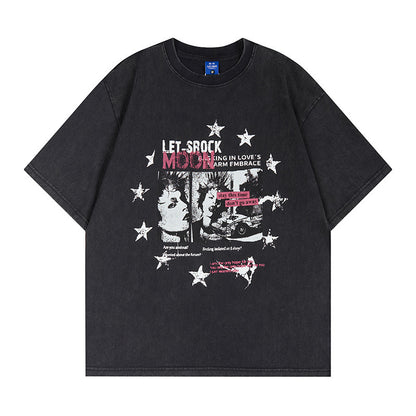 Washed Portrait Letter Print Short Sleeve T-Shirt WN25399