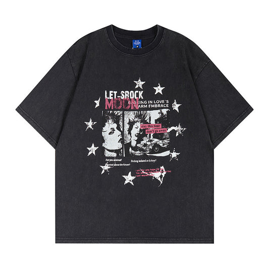Washed Portrait Letter Print Short Sleeve T-Shirt WN25399