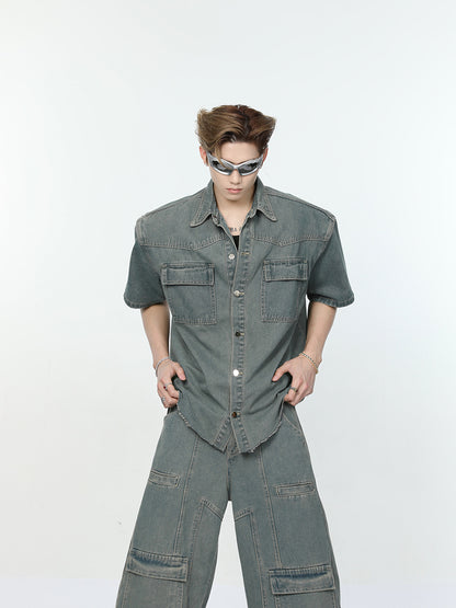 Oversize Denim Short Sleeve Shirt & Wide-Leg Cargo Denim Jeans Setup WN7321