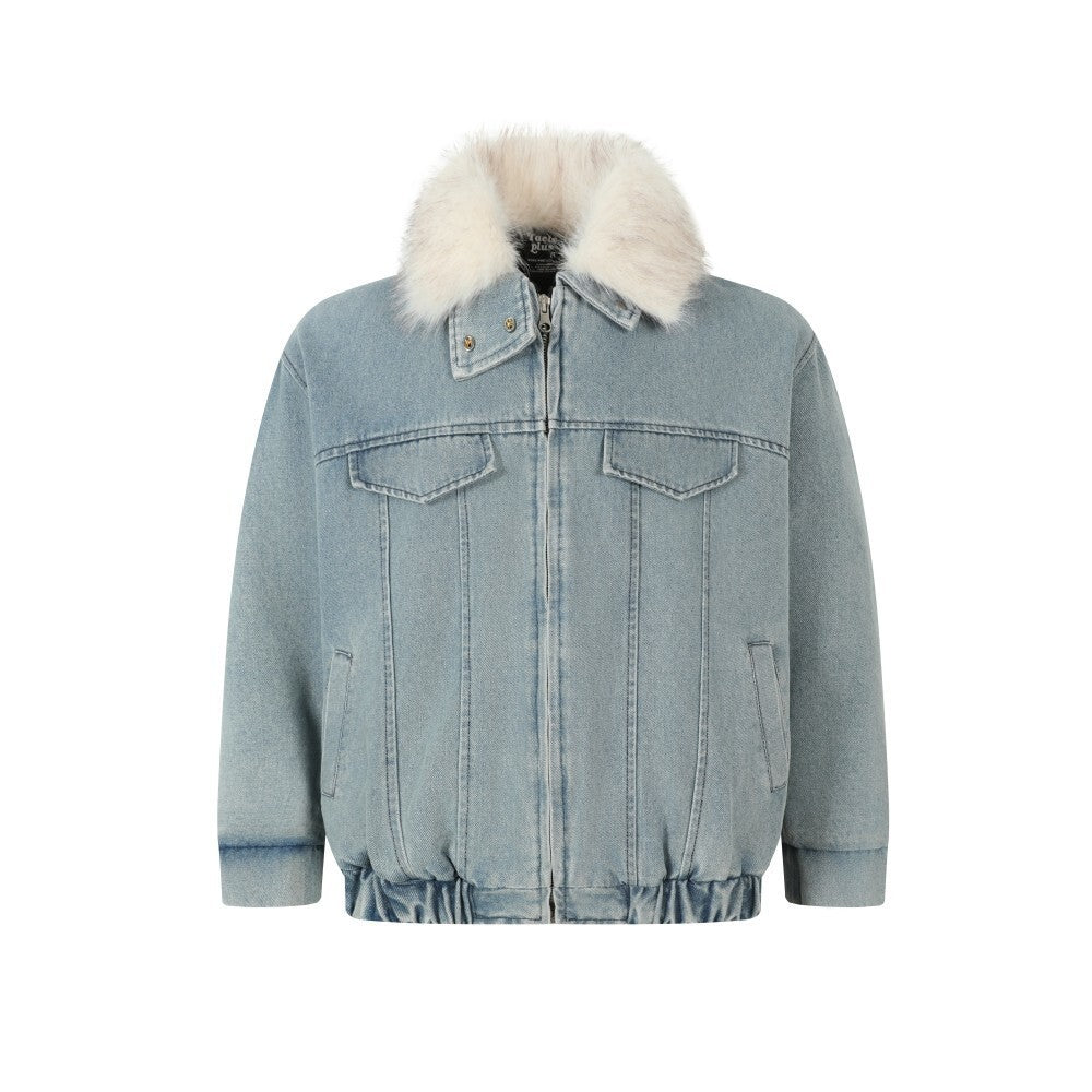 Furry Collar Denim PU Leather Jacket WN21928
