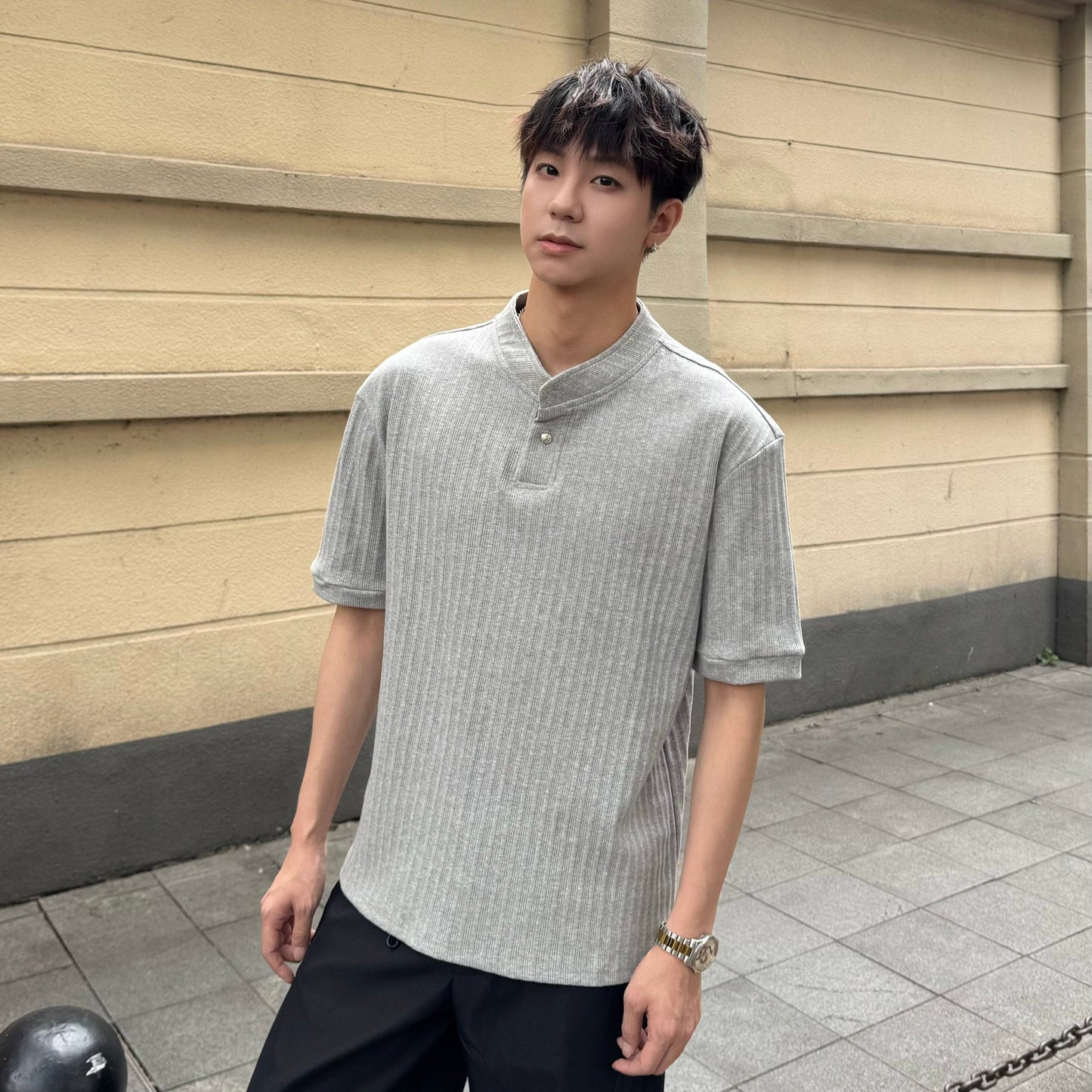 Rib Asymmetrical Button Short Sleeve T-Shirt WN25298