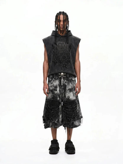 Washed Damage Frayed Denim Half Jeans WN28037