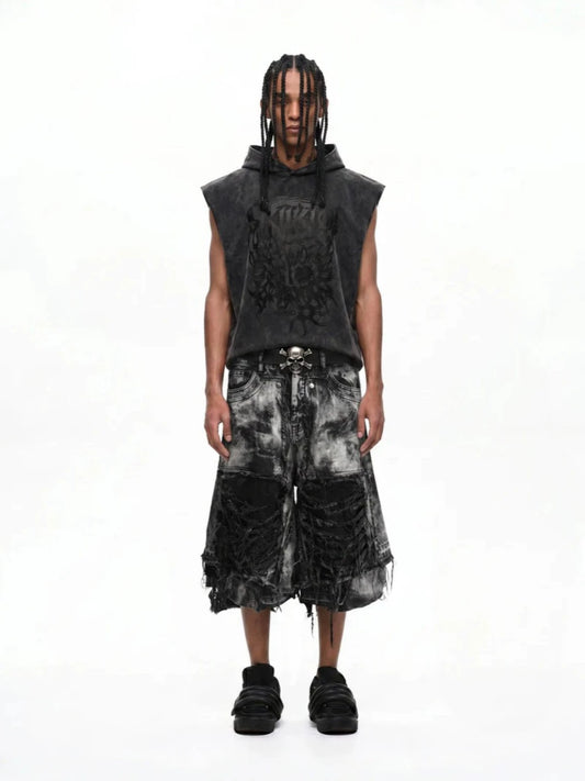 Washed Damage Frayed Denim Half Jeans WN28037