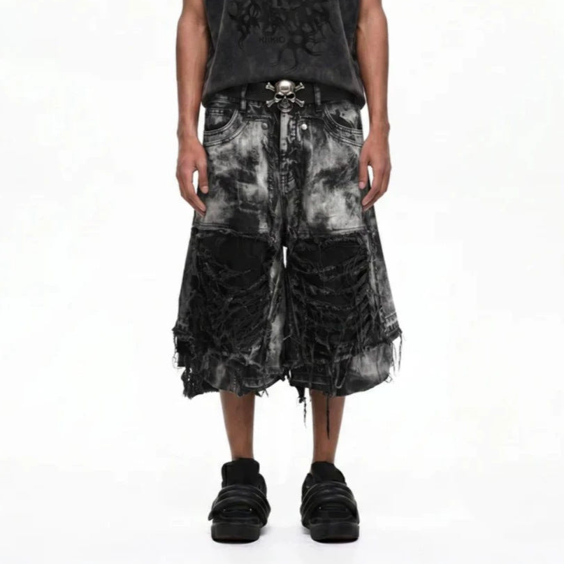 Washed Damage Frayed Denim Half Jeans WN28037