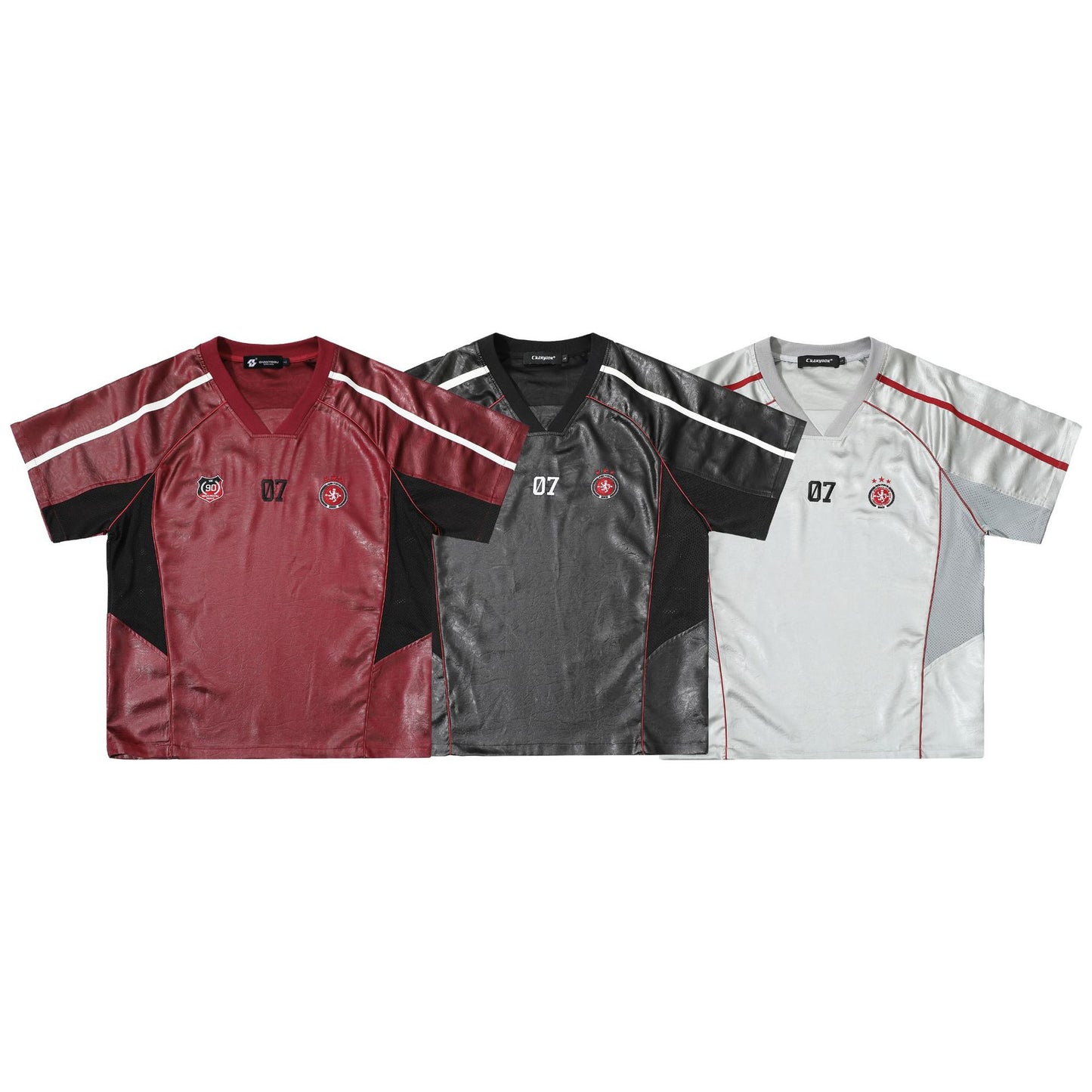 Chest Emblem PU Leather Stitching V-Neck Oversize Short Sleeve T-Shirt WN25655