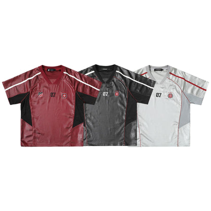 Chest Emblem PU Leather Stitching V-Neck Oversize Short Sleeve T-Shirt WN25655