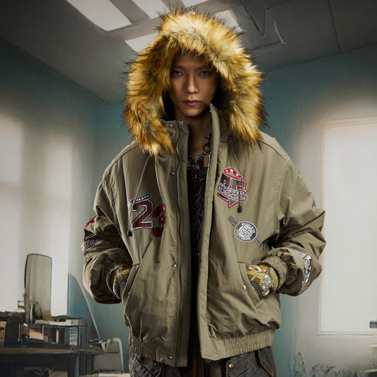 Embroidery Fake Fur Hooded Padded Jacket WN22753