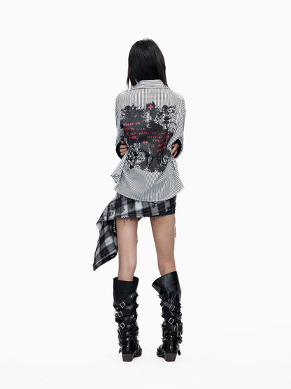 Striped Cross Print Fake Layered Long Sleeve Shirt WN27273