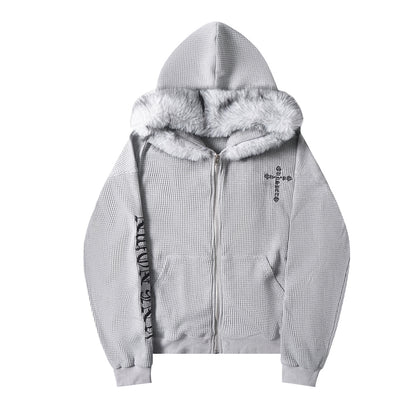 Cross Embroidery Fake Fur Collar Zipper Hoodie WN21880