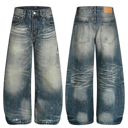 Washed Whisker Paint Splatter Curved Denim Jeans WN26141