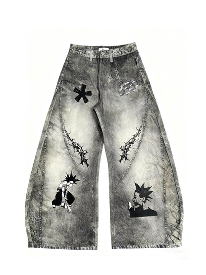 Graffiti Print Damage Wide Leg Denim Jeans WN24112