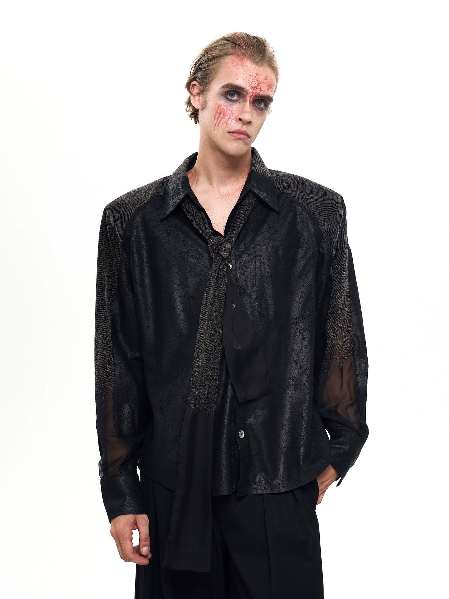 With Black Tie, Mesh Shoulder-Pad Long Sleeve Shirt WN20388