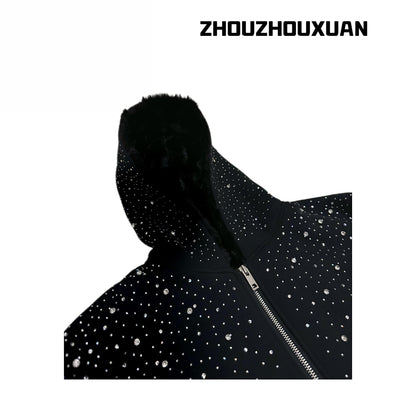 Rhinestone Fleece Lining Zipper Hooded Jacket WN20715