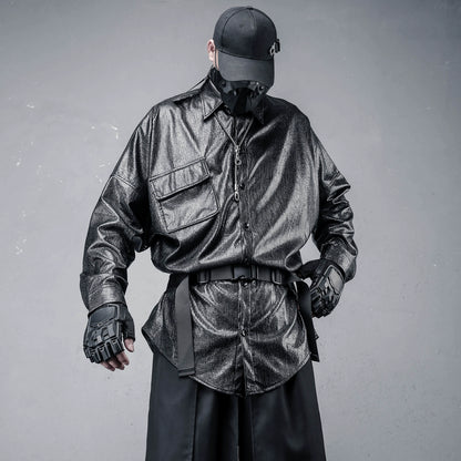 PU Leather Gloss Oversize Long Sleeve Shirt WN22322