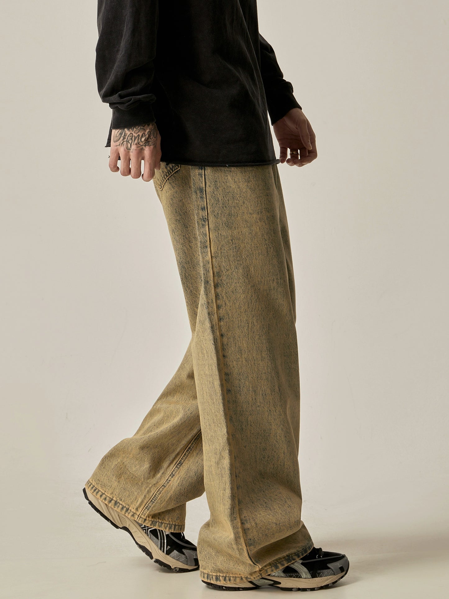 Yellow Mud Dyed Wide-leg Straight Denim Jeans WN6235