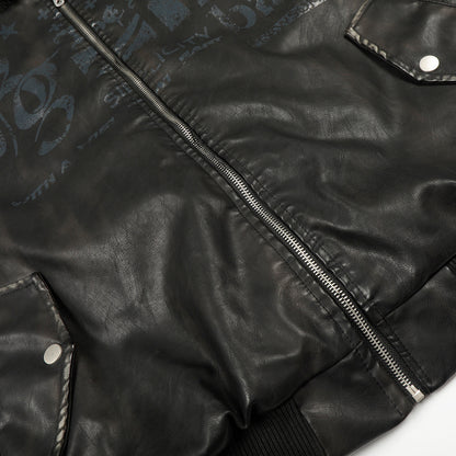 Graphic Print Fake Fur Collar PU Leather Zipper Jacket WN21888