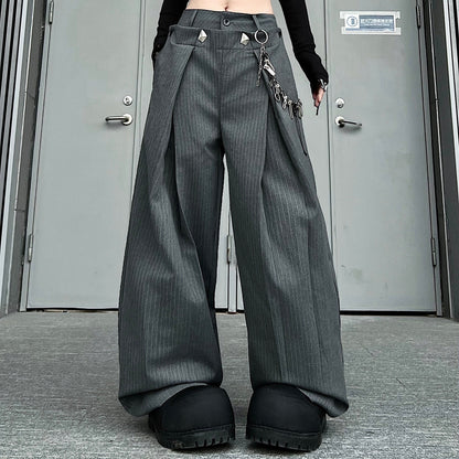 Double Waist Pleats A-Line Stripe Draped Wide Leg Trousers WN24225