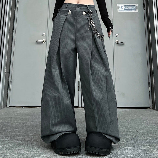 Double Waist Pleats A-Line Stripe Draped Wide Leg Trousers WN24225