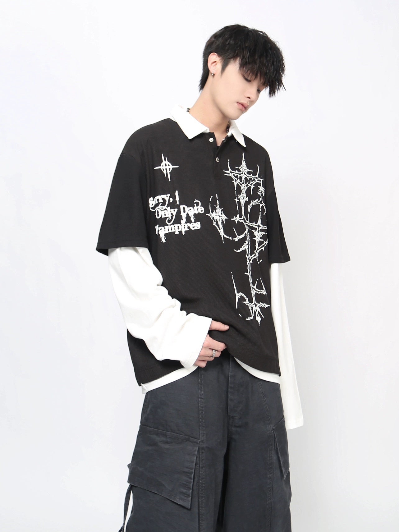 Thorn Gothic Print Fake Layered Waffle Long Sleeve T-Shirt WN21020