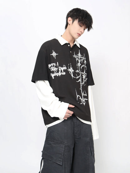 Thorn Gothic Print Fake Layered Waffle Long Sleeve T-Shirt WN21020