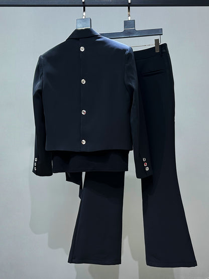 Asymmetric Short Shoulder-Pad Tailored Jacket & Flare Trousers Setup WN23848