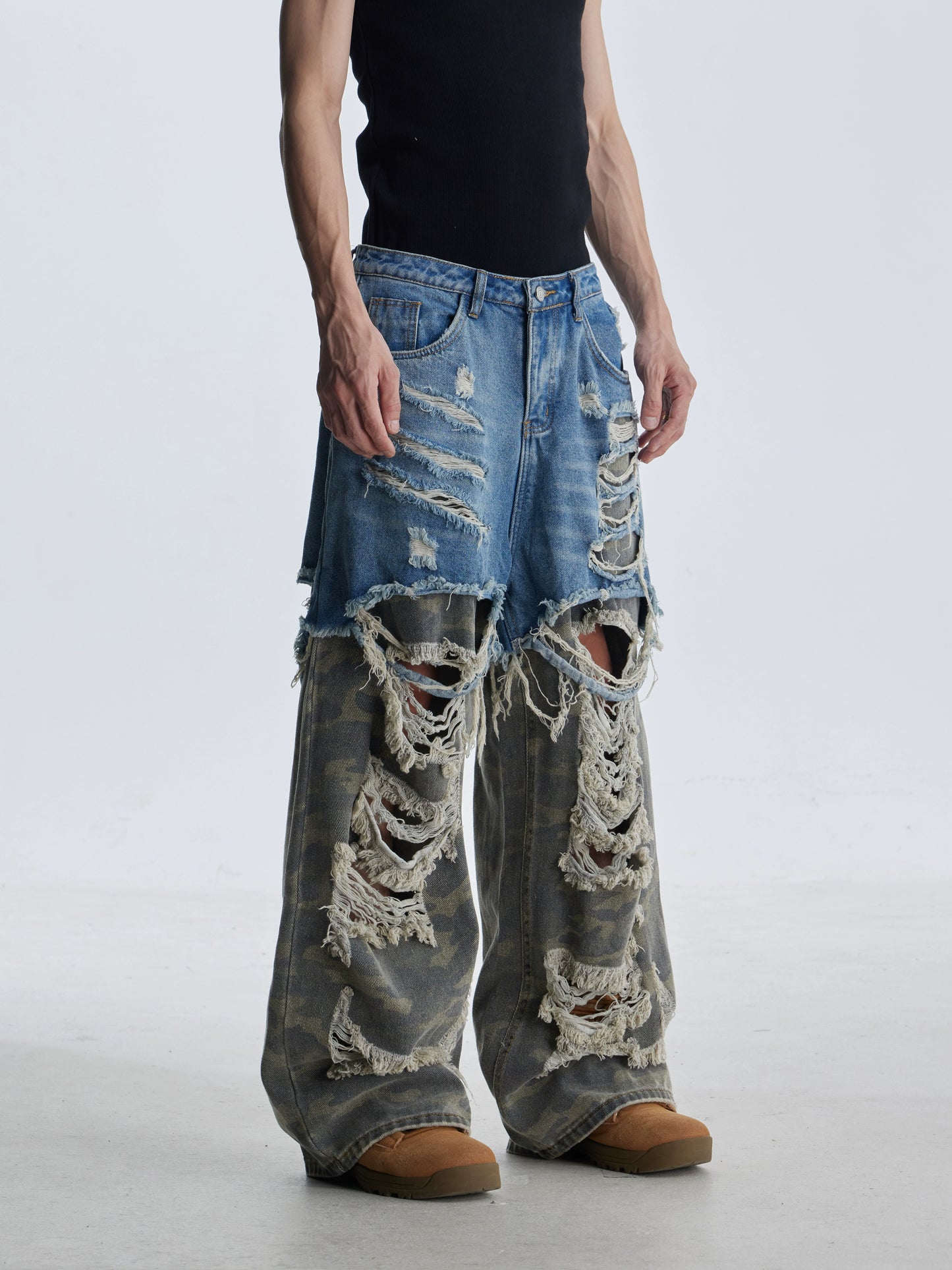 Splicing Fake Layered Damage Hole Wide Leg Denim Jeans WN21331