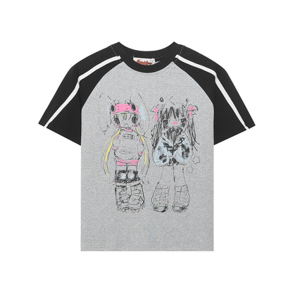 Anime Color Block Raglan Sleeve Short Sleeve T-Shirt WN26865