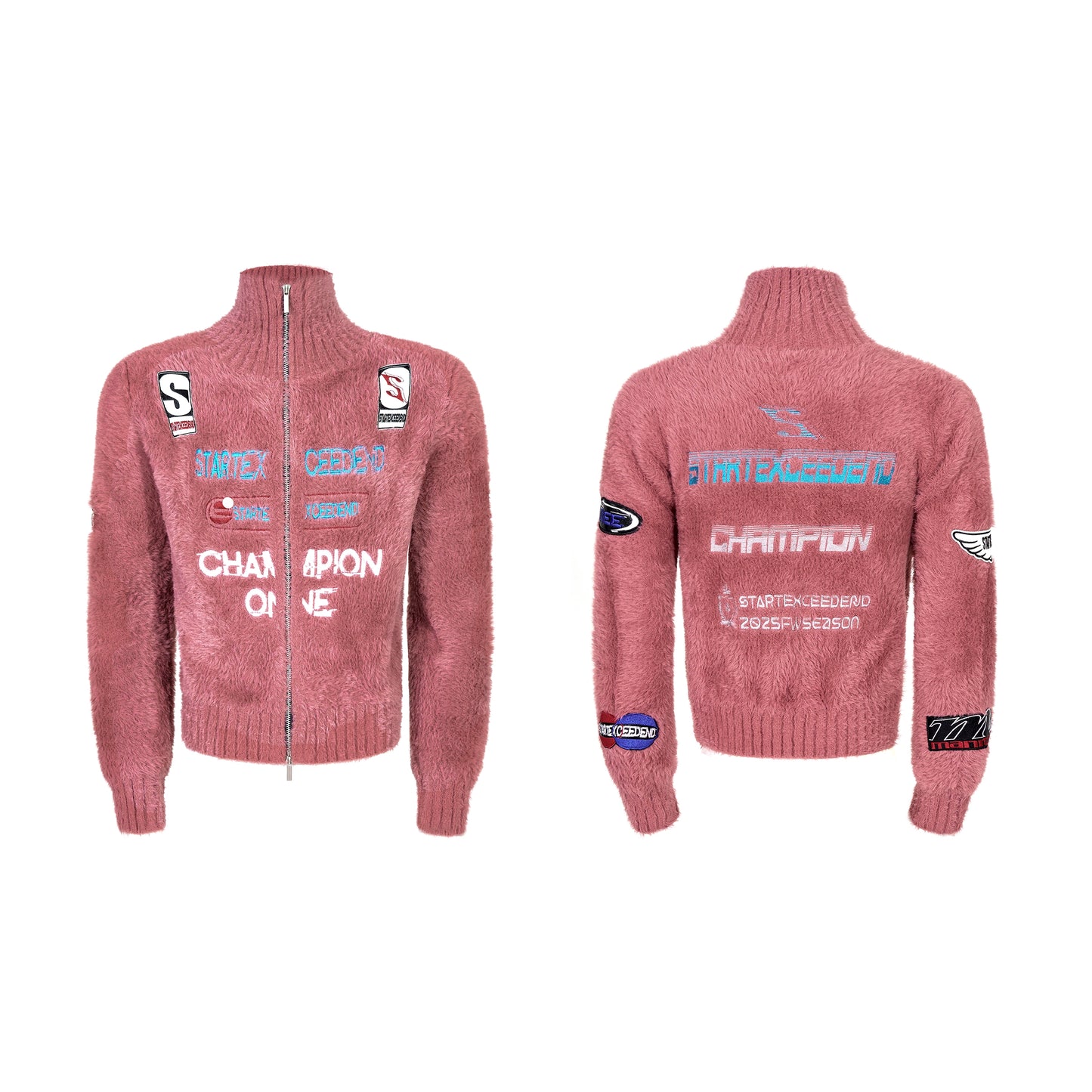 Letter Embroidery Print High-Neck Zipper Knit Cardigan WN22649