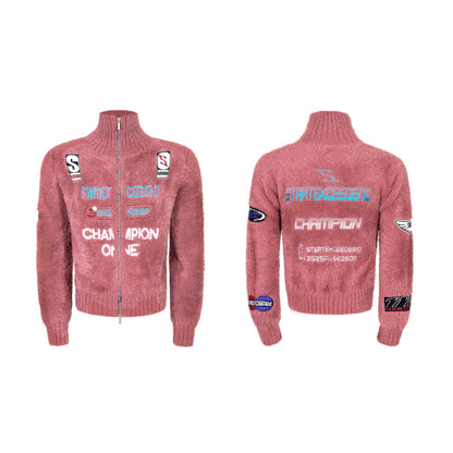 Letter Embroidery Print High-Neck Zipper Knit Cardigan WN22649