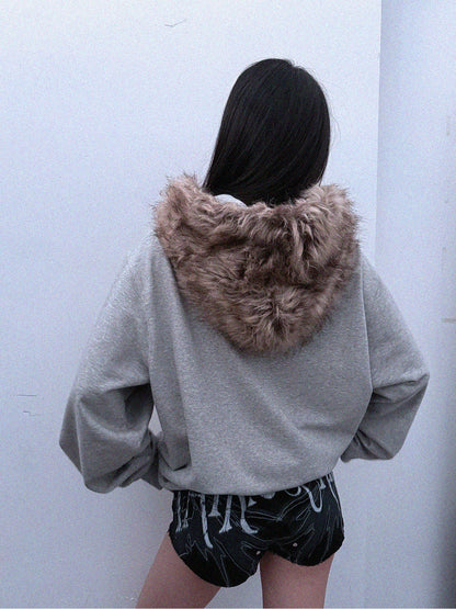 Cat Print Fake Fur Collar Hoodie WN20913