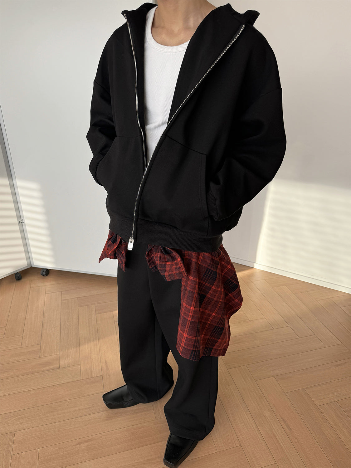 Detachable Fake Layered Plaid Shirt Zipper Hoodie WN15161