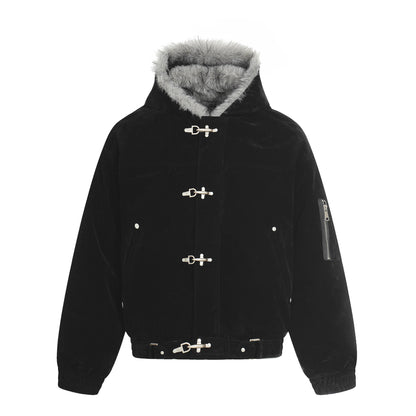 Hooded Fake Fur Collar Metal Buckle Jacket WN23092