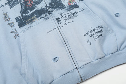 Graffiti Print Washed Damage Zipper Hoodie WN27940
