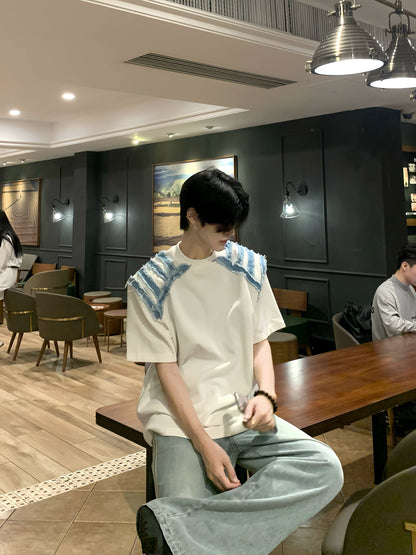 Denim Stripe Patchwork Short Sleeve T-Shirt WN19801