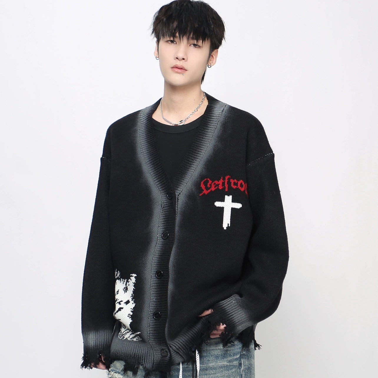 Spray Paint Zipper Damage Knit Cardigan WN21054