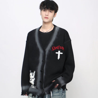 Spray Paint Zipper Damage Knit Cardigan WN21054