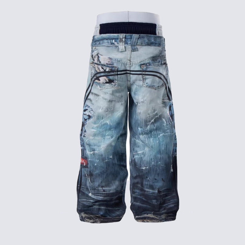 Acid Wash Fake Layered 3D Print Ripped Wide Leg Denim Jean WN27879