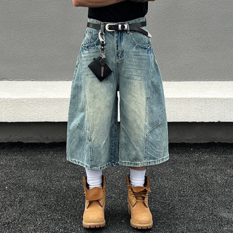 Deconstructed Washed Wide Leg Half Denim Jeans WN19569