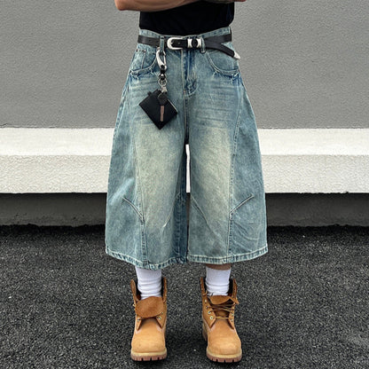 Deconstructed Washed Wide Leg Half Denim Jeans WN19569