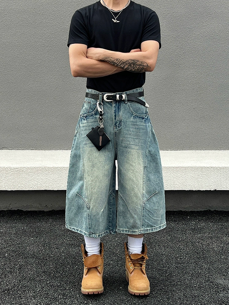 Deconstructed Washed Wide Leg Half Denim Jeans WN19569