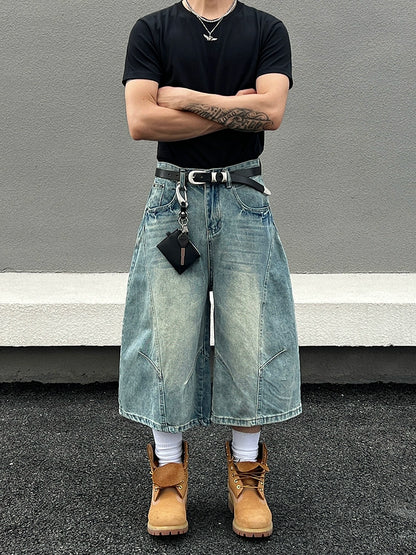 Deconstructed Washed Wide Leg Half Denim Jeans WN19569