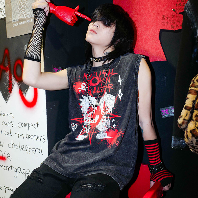 Graphic Design Washed Loose Sleeveless T-Shirt WN15903