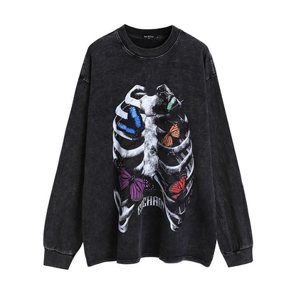 Washed Skull Butterfly Print Long Sleeve T-Shirt WN11290