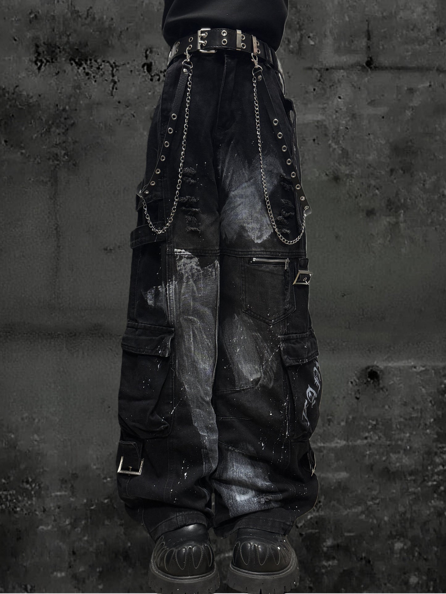 Paint Splash Cargo Wide Leg Pants & Skull Belt & Belt Chain WN23815