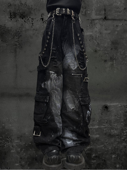 Paint Splash Cargo Wide Leg Pants & Skull Belt & Belt Chain WN23815