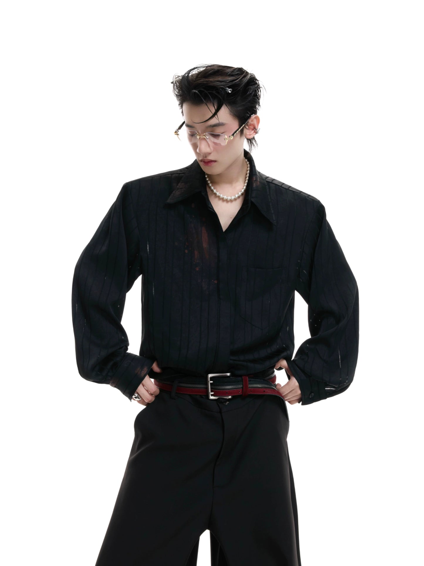 Stripe Satin Lipstick Print Long Sleeve Shirt WN20666