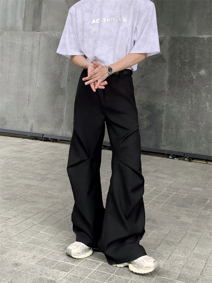 Pleats Black Color Flare Trousers WN20045
