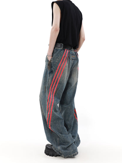 Stripes Washed Wide Leg Denim Jeans WN7574