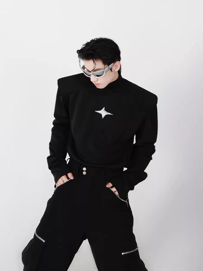 3D Metal Stand Neck Padded Shoulder Long Sleeve T-shirt WN6981