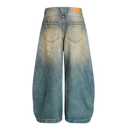 Dirty Washed Curved Wide Leg Denim Jeans WN25914